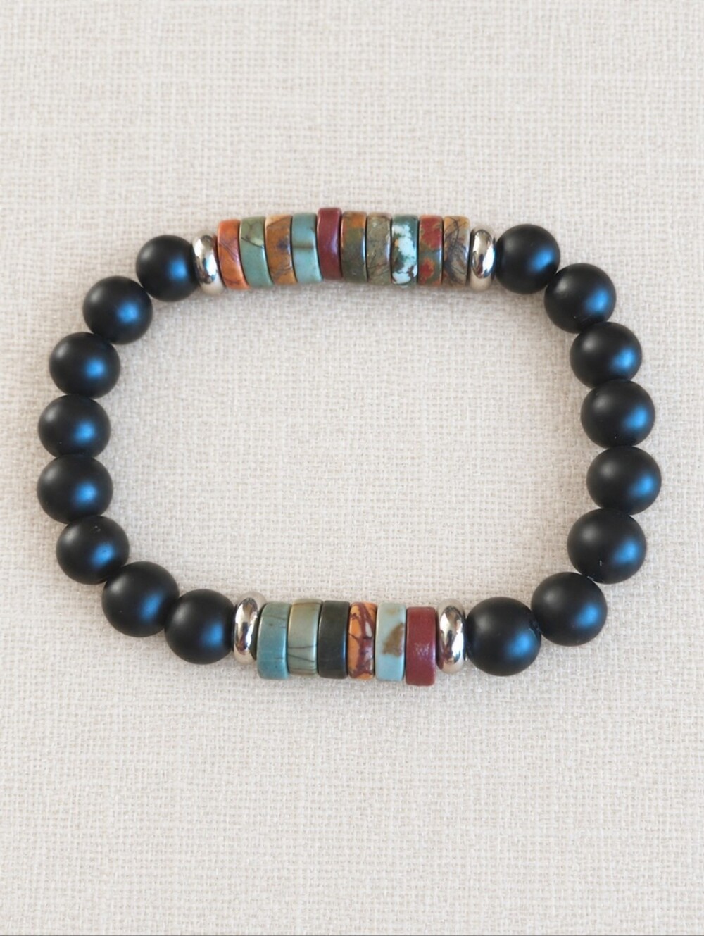 Red Creek Jaspet & Black Onyx Stretch Bracelet | Handmade